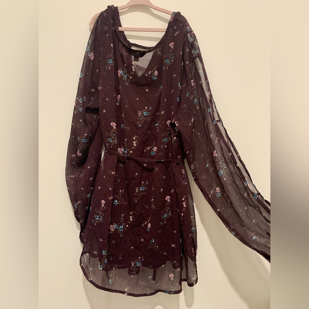 Stork and babe long sleeve sheer dark purple shirt with flowers. Size xl